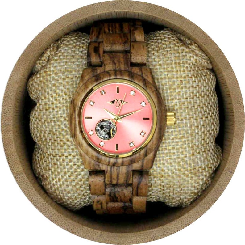 Reloj automático grabado de Zebrawood para mujer con esfera dorada y marcadores, reloj automático de madera W116 imagen 2