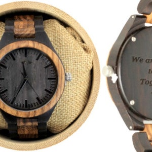 Engraved Ebony and Zebrawood Mens Watch,Wood Watch,Personalized Wood Watch,Men Watch,Fiance WoodWatch,Grooms WoodWatch,Husband Watch W035 image 4