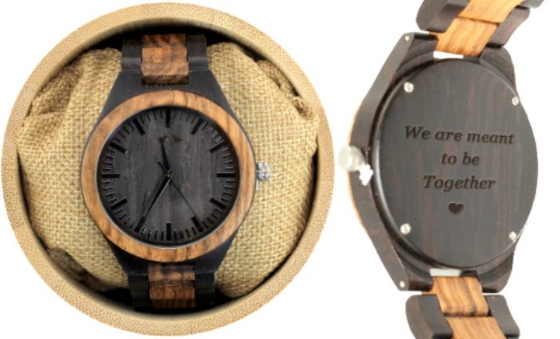 Engraved Ebony and Zebrawood Mens Watch,Wood Watch,Personalized Wood Watch,Men Watch,Fiance WoodWatch,Grooms WoodWatch,Husband Watch W035 image 4