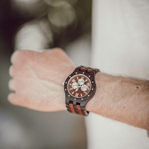 Engraved Red Sandalwood Men’s Watch With Ebony, Wood Watch,Personalized WoodWatch,Men Watch,Fiance WoodWatch,Grooms Wood Watch,Husband(W004)