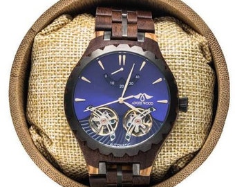 Montre en bois automatique, montre en verre Shapire, bois de luxe, montre Fiance Watch, montre personnalisée, montre en bois gravé, montre