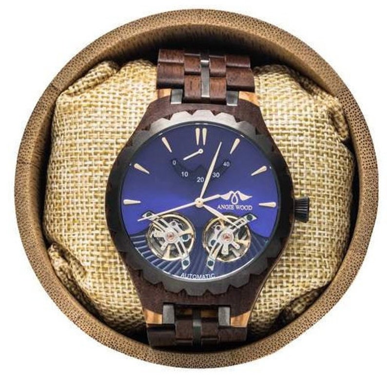 Reloj de madera automático, Reloj de cristal Shapire, Madera de lujo, Reloj de prometido, Reloj personalizado, Reloj de madera grabada, imagen 1
