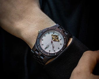Engraved Ebony Men’s Self-Winding Watch With Textured White Dial,Automatic WoodWatch,Automatic Watch,SelfWinding Wood Watch,Men Watch (W109)