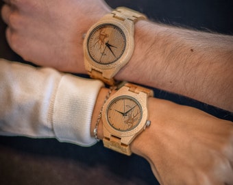 Engraved Couple Bamboo Women’s Watch With Bamboo Bracelet and Deer Image,Couple wood watch,Wood Watch,Men watch,Women Engraved watch (W140)