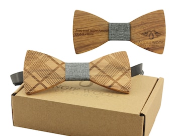 Engraved Diagonal Plaid Zebrawood Bow Tie with Light Grey Denim Centre (B0261),Wood Bowtie,Bowtie,Men bowtie,Men Tie,Wood Tie,Wedding Bowtie