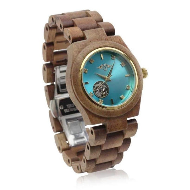 Reloj automático grabado de Zebrawood para mujer con esfera dorada y marcadores, reloj automático de madera W116 imagen 5