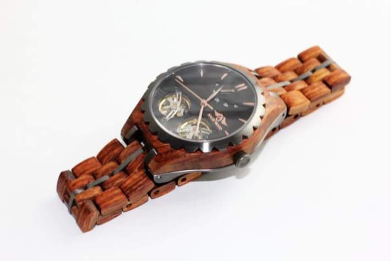 Reloj de madera automático, Reloj de cristal Shapire, Madera de lujo, Reloj de prometido, Reloj personalizado, Reloj de madera grabada, imagen 10