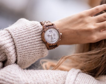 Reloj grabado de Zebrawood para mujer con esfera de acero inoxidable (W135)