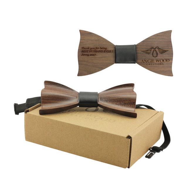 Grawerowane ozdobne ozdobne kokardki w kształcie motyla z czarnym wykończeniem ze sztucznej skóry, 3D Bowtie z drewna, męskie Bowtie,(B1305)