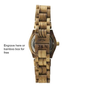 Reloj automático grabado de Zebrawood para mujer con esfera dorada y marcadores, reloj automático de madera W116 imagen 8