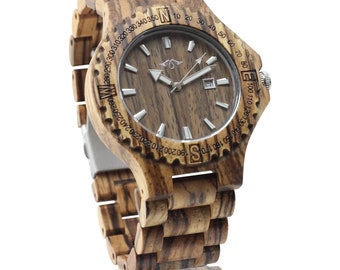 Gravierte Zebrano-Holz Herrenuhr mit Laser-gravierter Fassung, personalisierte Holz Uhr(W054)