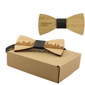 Engraved Adult-Sized Bamboo Bow Tie with Chicago Cityscape Design (B0902),City Wood Bowtie,City Bowtie,Hometown Bowtie,Bowtie