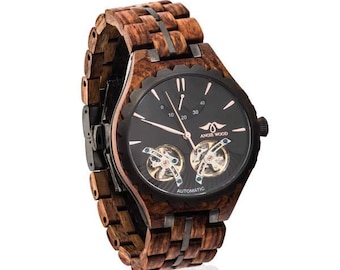 Engraved Automatic Wood Watch,Men Angie Wood Sapphire Glass Automatic Purpleheart & Walnut Wood Watch,Luxury Men Watch,Quality MenWood Watch