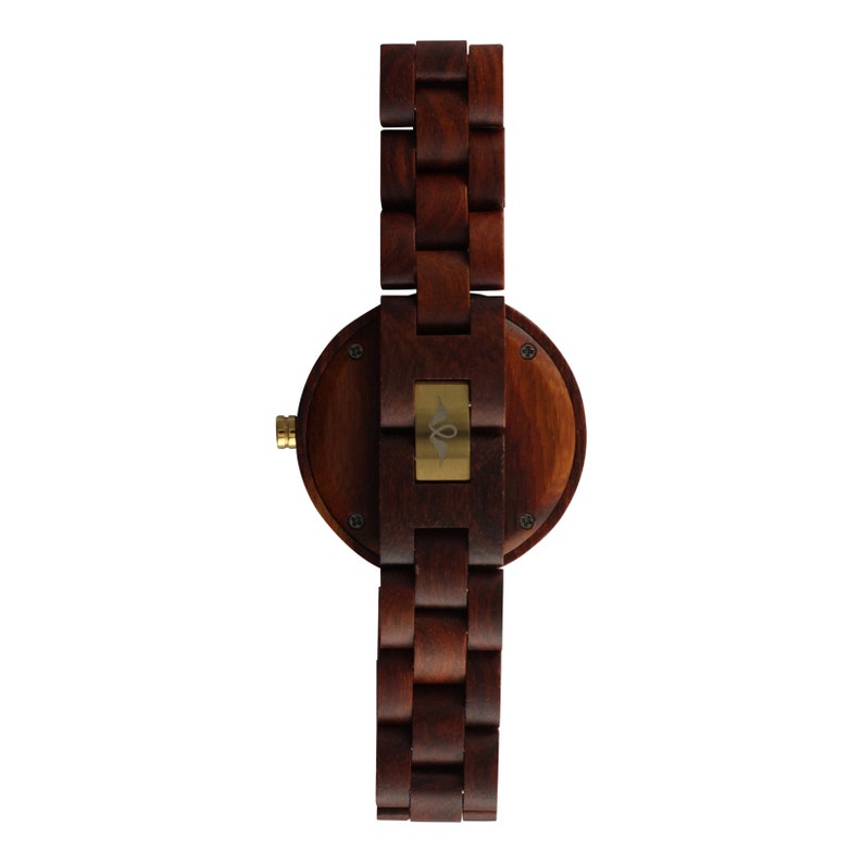 May include: A brown wooden wristwatch with a round face and a brown wooden band.
