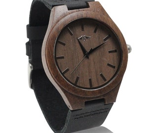 Gegraveerd Walnut Herenhorloge met zwarte lederen band en Walnut Dial,houten horloge,gepersonaliseerde houten horloge,herenhorloge(W009)