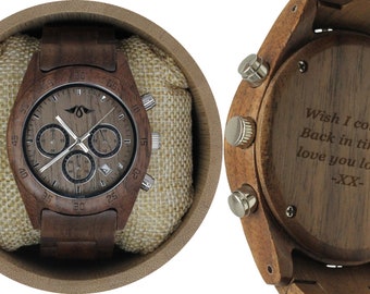 Montre homme en bois de noyer gravé avec cadran et bracelet en bois de noyer (W090)