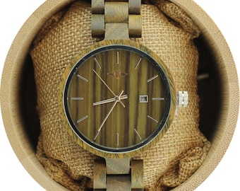 Montre unisexe en bois de santal vert gravé, montre en bois, montre en bois personnalisée, montre en bois unisexe (W062)