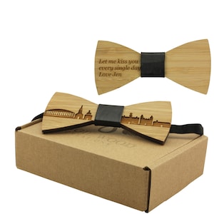 Engraved Adult-Sized Bamboo Bow Tie with Athens Cityscape Design (B0910),City Wood Bowtie,City Bowtie,Hometown Bowtie,Bowtie