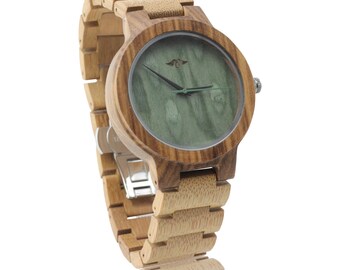 Engraved Bamboo Men’s Watch With Bamboo Bracelet and Green Dial,Wood Watch,Personalized Wood Watch,Men Watch,Fiance&Grooms WoodWatch  (W026)