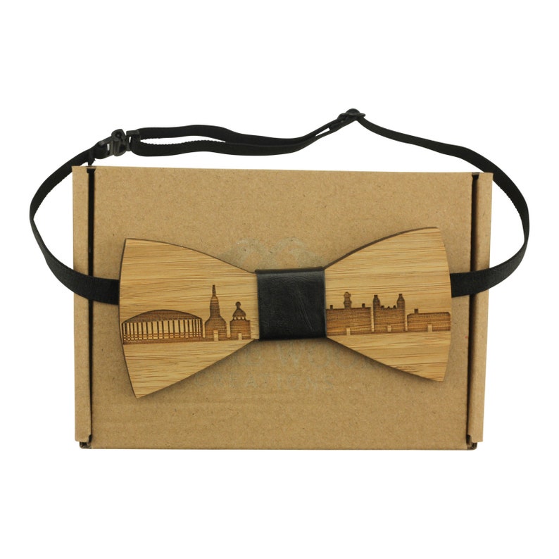 ,City Wood Bowtie,City Bowtie,Hometown Bowtie,Bowtie B0910 Engraved Adult-Sized Bamboo Bow Tie with Athens Cityscape Design