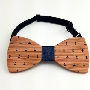 Engraved Adult-Sized Wooden Bow Tie with Ship Anchor Design and Denim Centre (B0508),Wood Bowtie,Bowtie,Men bowtie,Wood Tie,Wedding Bowtie