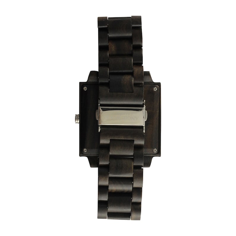 May include: A black square-shaped wristwatch with a brown wooden band. The watch has a silver buckle and a silver trim around the face.