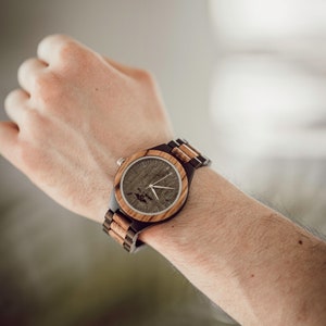 Engraved Ebony and Zebrawood Men’s Watch With Black Markers, Wood Watch,Personalized Wood Watch,Men Watch,Fiance And Grooms Wood Watch