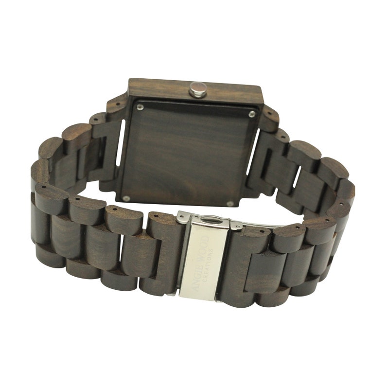 May include: A dark brown wooden wristwatch with a square face and a metal clasp. The watch band is made of linked wooden pieces.