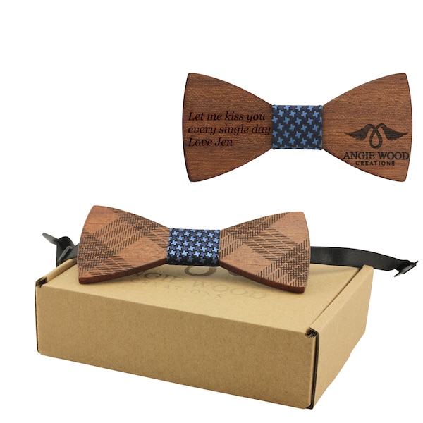 Engraved Adult-Sized Red Sandalwood Bow Tie with Plaid Engraving – Blue Woven  Center (B0267),Wood Bowtie,Men bowtie,Wedding Bowtie