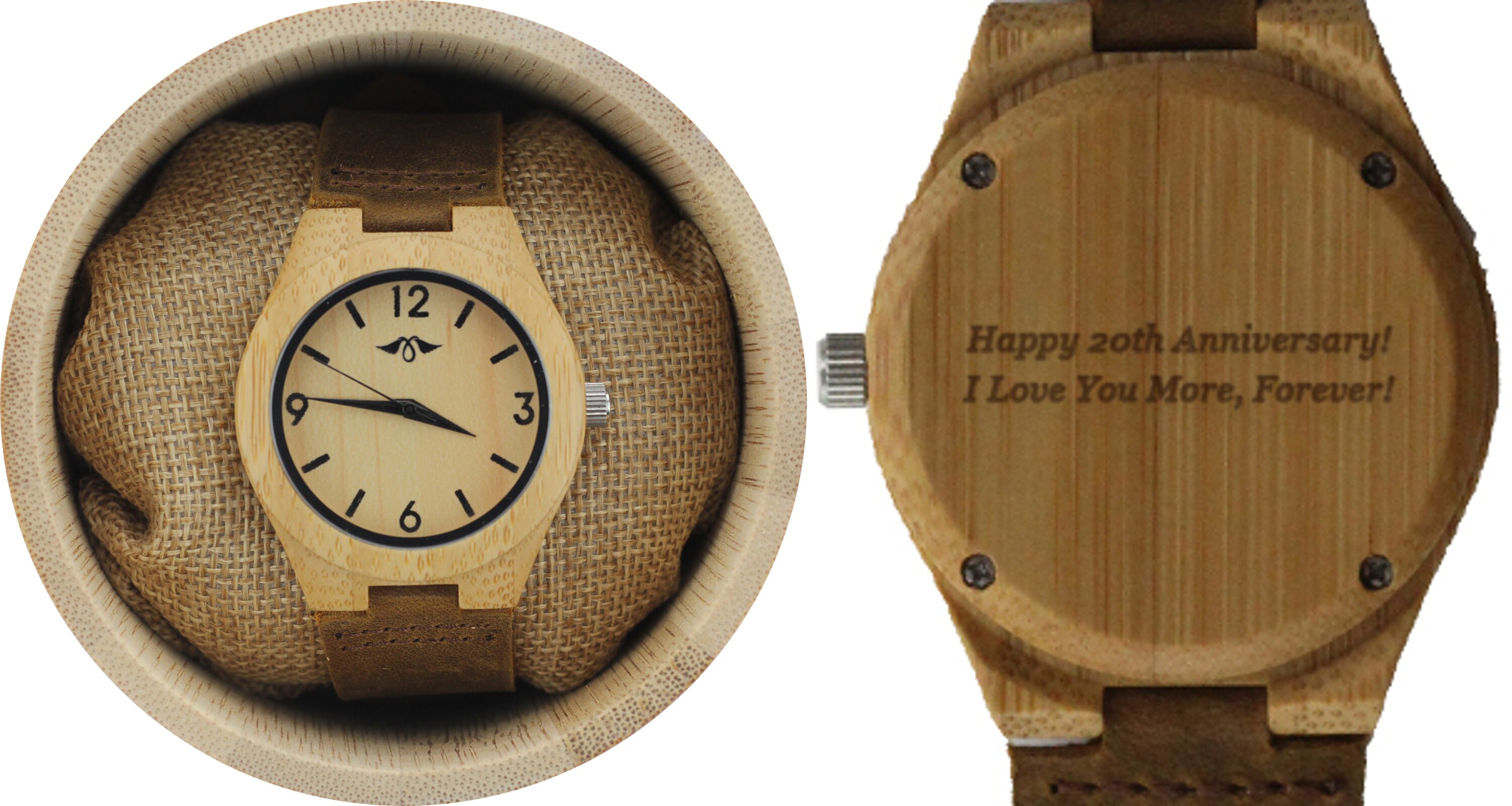 Engraved Bamboo Couple Watch With Brown Leather Strap,women 