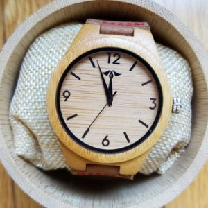 Engraved Bamboo Men’s Watch With Bamboo Dial and Leather Strap,Wood Watch,Personalized Wood Watch,Men Watch,Fiance&Grooms Wood Watch  (W106)