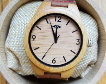 Engraved Bamboo Men’s Watch With Bamboo Dial and Leather Strap,Wood Watch,Personalized Wood Watch,Men Watch,Fiance&Grooms Wood Watch  (W106)