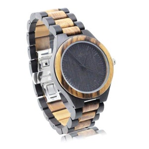 Engraved Ebony and Zebrawood Mens Watch,Wood Watch,Personalized Wood Watch,Men Watch,Fiance WoodWatch,Grooms WoodWatch,Husband Watch W035 Black dial W035