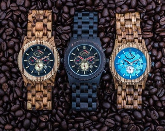 Gravierte Automatische Zebrano-Holz Herrenuhr mit roten Zeigern und Zebrano-Holz Armband, personalisierte Holz Uhr(W051)