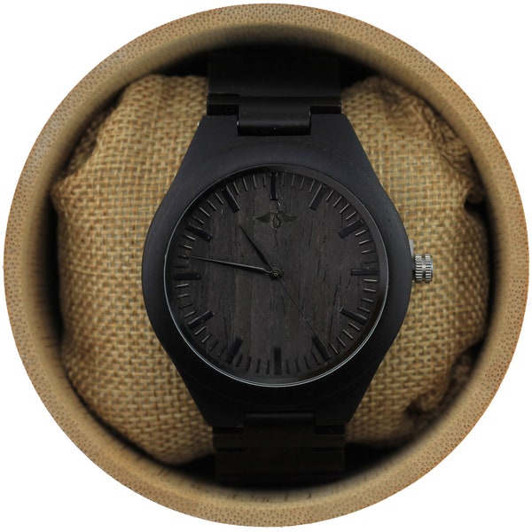 Gravierte Ebenholz Herrenuhr mit passendem Ebenholz-Armband und Ziffernblatt, personalisierte Holz Uhr(W040)