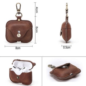 May include: Brown leather case with a metal carabiner for carrying AirPods. The case measures 8 inches wide, 4 inches tall, and 0.5 inches thick.