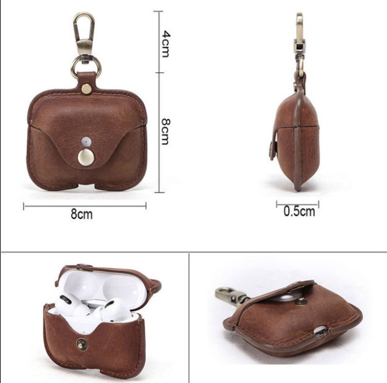 May include: Brown leather case with a metal carabiner for carrying AirPods. The case measures 8 inches wide, 4 inches tall, and 0.5 inches thick.