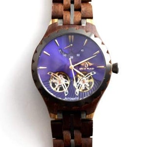 Reloj de madera automático, Reloj de cristal Shapire, Madera de lujo, Reloj de prometido, Reloj personalizado, Reloj de madera grabada, imagen 6