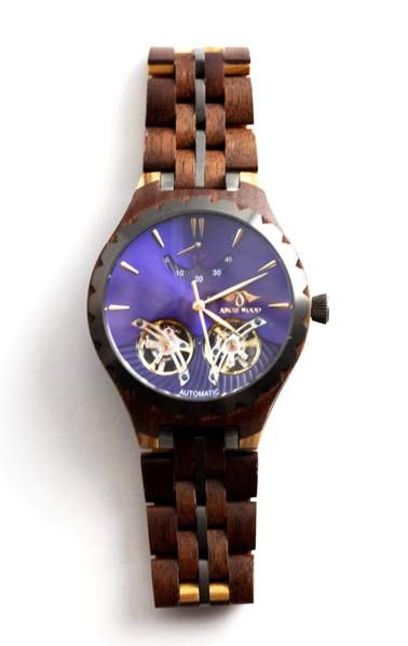 Reloj de madera automático, Reloj de cristal Shapire, Madera de lujo, Reloj de prometido, Reloj personalizado, Reloj de madera grabada, imagen 6