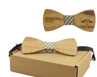 Engraved Spotted Olive Wood Wooden Bow Tie with Plaid Fabric Centre (B1501),Wood Bowtie,Bowtie,Men bowtie,Men Tie,Wood Tie,Wedding Bowtie