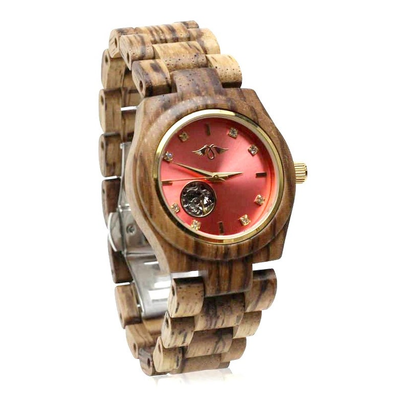 Reloj automático grabado de Zebrawood para mujer con esfera dorada y marcadores, reloj automático de madera W116 imagen 4