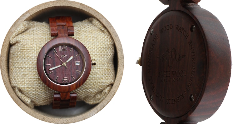 May include: A dark red wooden wristwatch with a gold face and hands. The watch is in a brown box with a beige fabric lining. The back of the watch has the words "HANDMADE NATURAL WOOD WATCH" engraved on it.