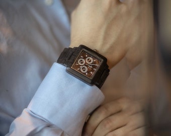Reloj cuadrado grabado en ébano para hombres con pulsera y esfera de ébano (W132)