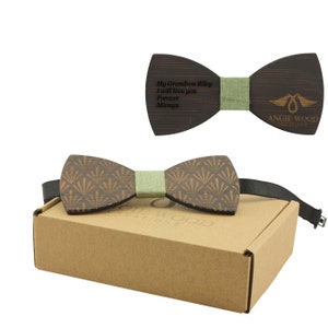 Engraved Dark Sandalwood Bow Tie with Five-Leaf Plant Design with Light Green Rough Cotton Center (B0071),Wood Bowtie,Bowtie,Wedding Bowtie