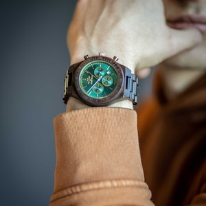 Montre Homme Angie Wood Creations Ebony Wood avec cadran vert, montre en bois vert, cadeau de fiancé, montre, montre pour homme,montreW151 image 1