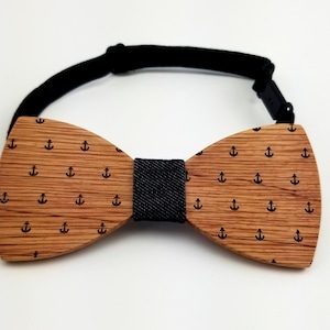 Engraved Adult-Sized Wooden Bow Tie with Ship Anchor Design and Denim Centre (B0092),Wood Bowtie,Bowtie,Men bowtie,Wood Tie,Wedding Bowtie