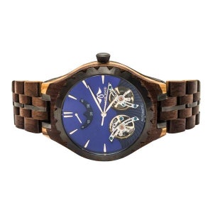 Reloj de madera automático, Reloj de cristal Shapire, Madera de lujo, Reloj de prometido, Reloj personalizado, Reloj de madera grabada, imagen 4