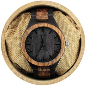 Engraved Ebony and Zebrawood Mens Watch,Wood Watch,Personalized Wood Watch,Men Watch,Fiance WoodWatch,Grooms WoodWatch,Husband Watch W035 image 3