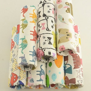 May include: A stack of eight fabric scraps with different colorful patterns. The patterns include animals, geometric shapes, and floral designs. The fabric is white with a variety of colors.