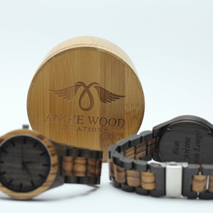 Engraved Ebony and Zebrawood Mens Watch,Wood Watch,Personalized Wood Watch,Men Watch,Fiance WoodWatch,Grooms WoodWatch,Husband Watch W035 image 5